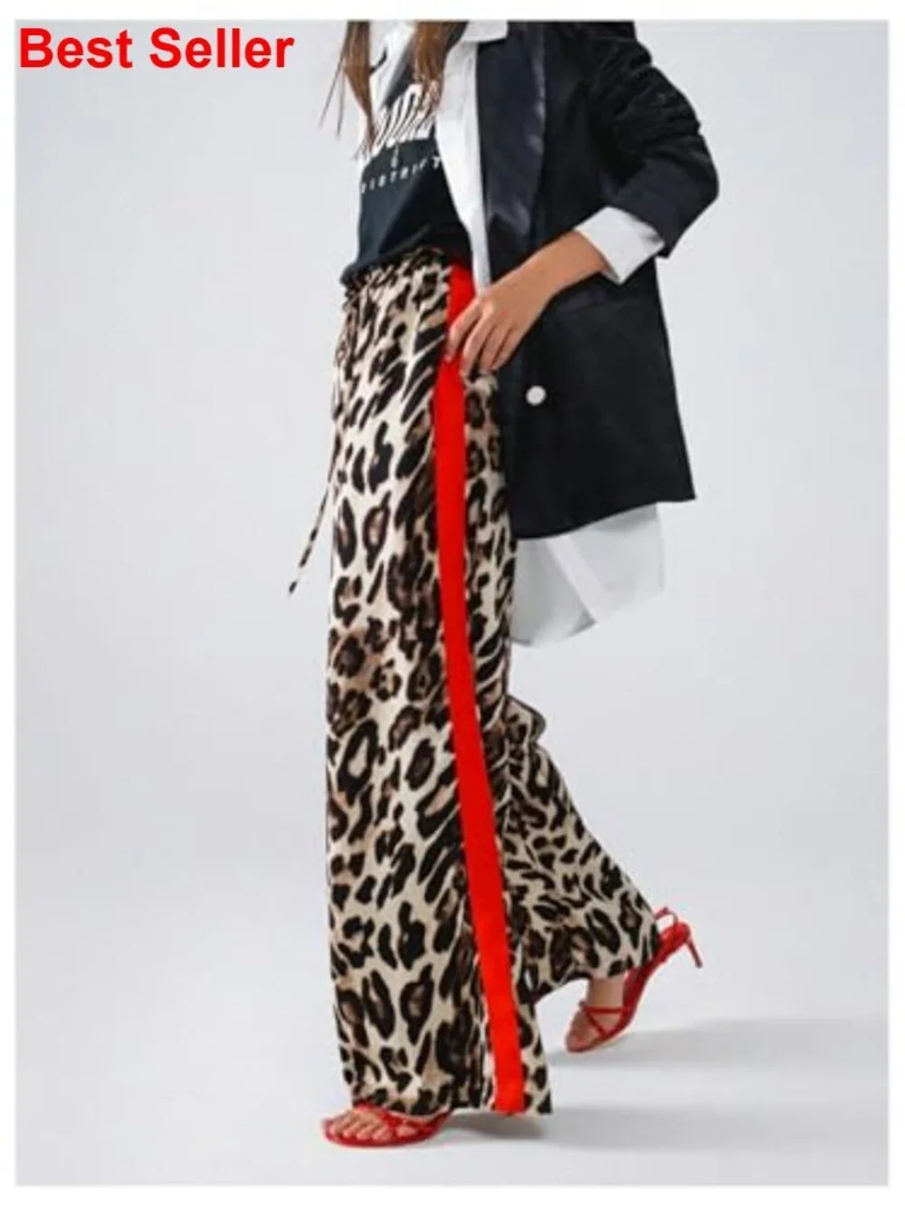 Cheetah Print Wide Leg Palazzo Pants with Drawstring Waist - Picture 2 of 5
